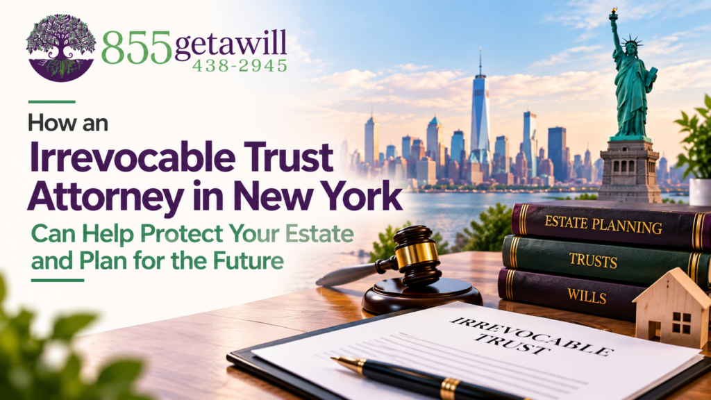 Irrevocable trust attorney in New York estate planning with trust documents and legal book