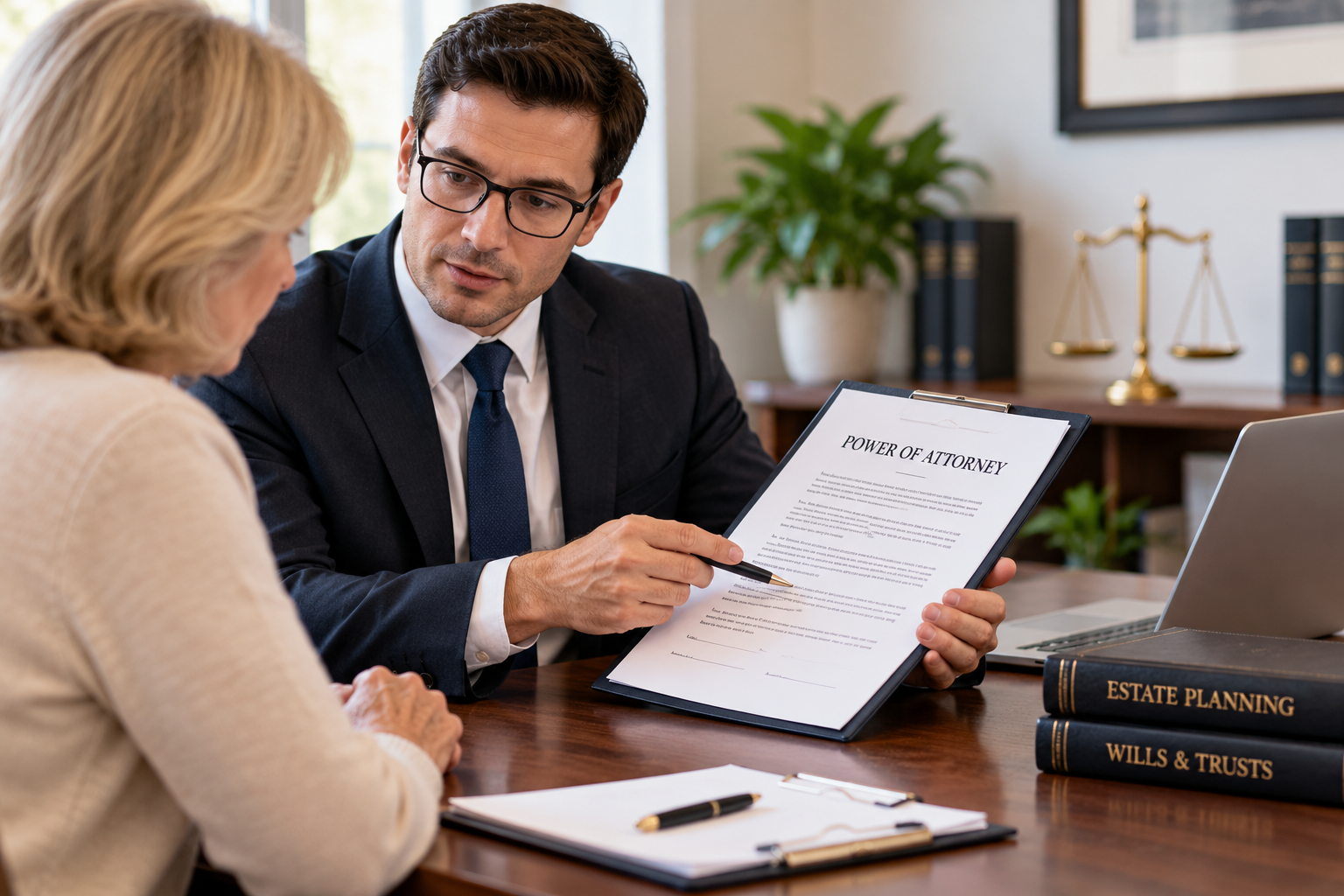 Attorney explaining power of attorney documents to a client during a consultation