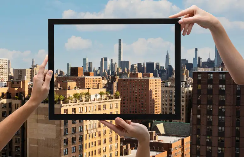 New York City skyline viewed through a rectangular frame representing estate planning
